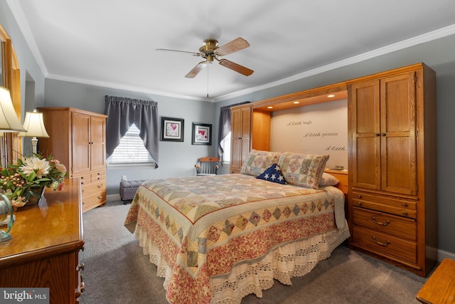 bedroom featuring baseboards, dark colored carpet, and crown molding