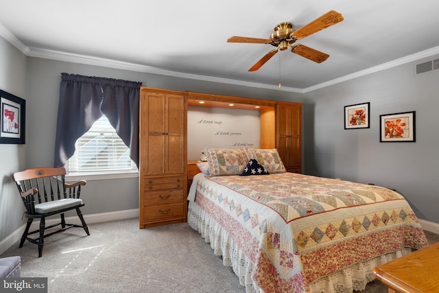 bedroom featuring baseboards, visible vents, light colored carpet, and ornamental molding