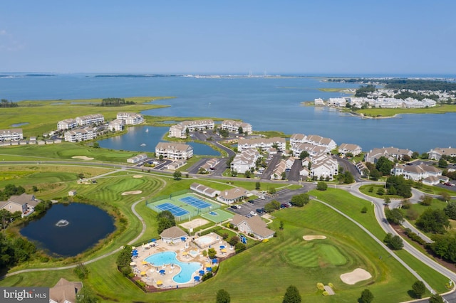 aerial view featuring a residential view and a water view