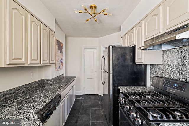 kitchen featuring decorative backsplash, dishwasher, gas range, dark stone countertops, and under cabinet range hood