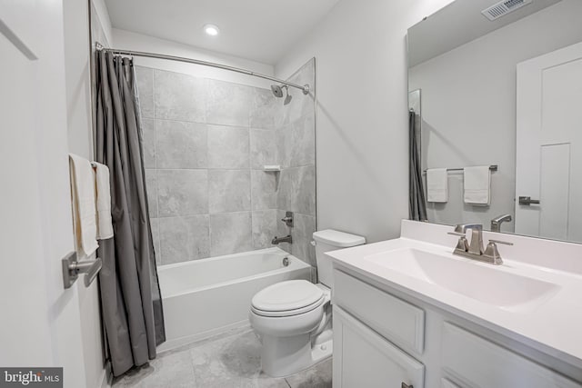 full bath featuring toilet, shower / tub combo, visible vents, and vanity