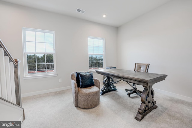 carpeted home office with recessed lighting, visible vents, and baseboards