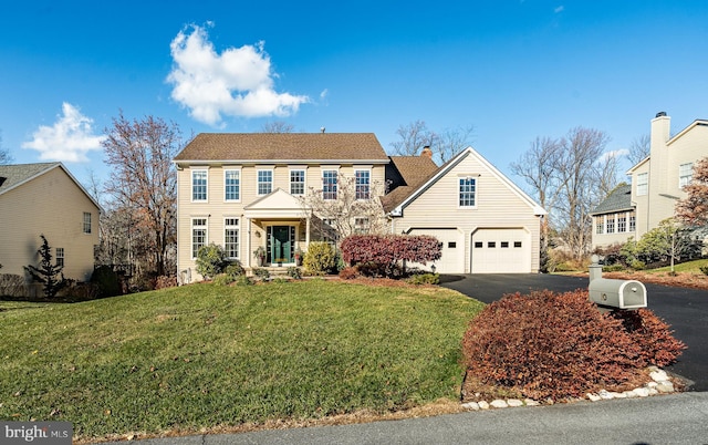 colonial house with a garage, driveway, a chimney, and a front lawn