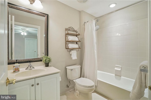 full bath featuring toilet, shower / bathtub combination with curtain, recessed lighting, and vanity