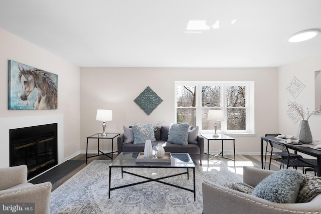 living area with baseboards, wood finished floors, and a glass covered fireplace