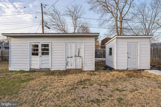 view of shed with a fenced backyard