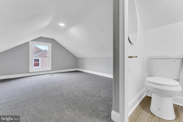 bonus room with recessed lighting, carpet flooring, visible vents, baseboards, and vaulted ceiling