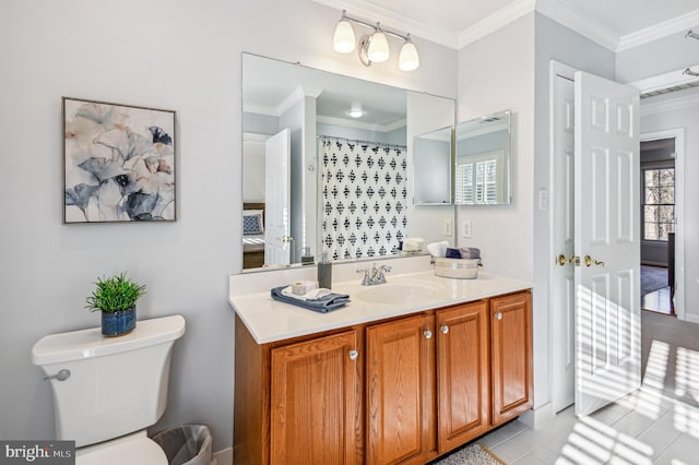 full bath featuring tile patterned floors, vanity, toilet, and crown molding