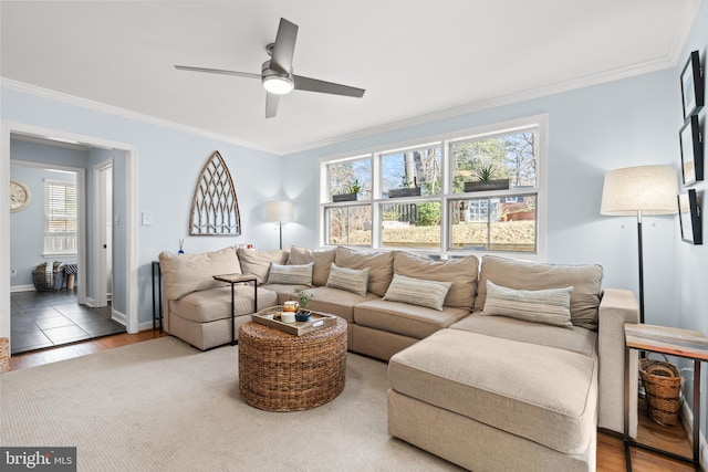 living area featuring ceiling fan, crown molding, baseboards, and wood finished floors