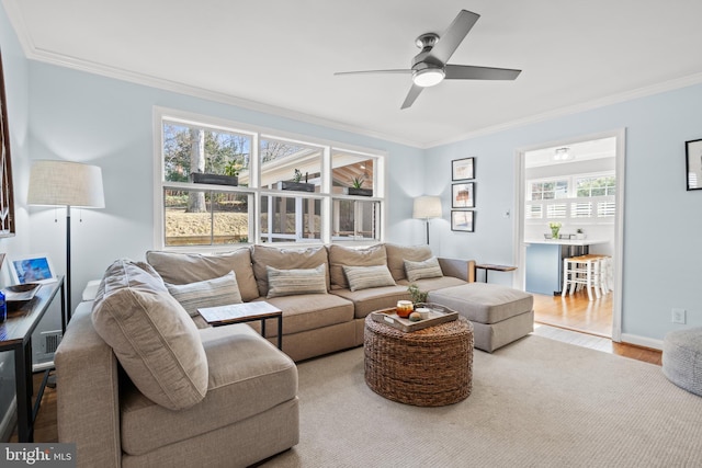 living room featuring a ceiling fan, crown molding, baseboards, and wood finished floors