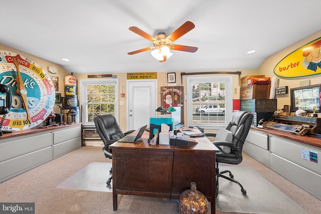 carpeted home office with recessed lighting, a healthy amount of sunlight, and ceiling fan