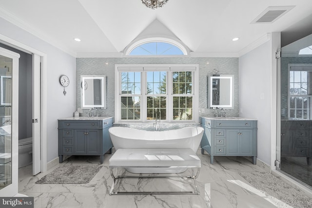 bathroom with lofted ceiling, visible vents, a wealth of natural light, and a sink