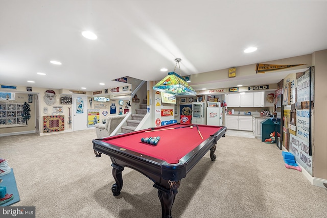 playroom featuring recessed lighting, light colored carpet, and billiards