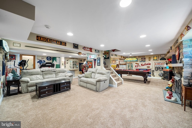 living area featuring billiards, recessed lighting, and carpet