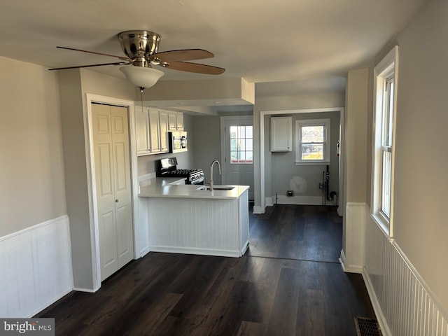 kitchen with stainless steel appliances, wainscoting, a peninsula, and a sink