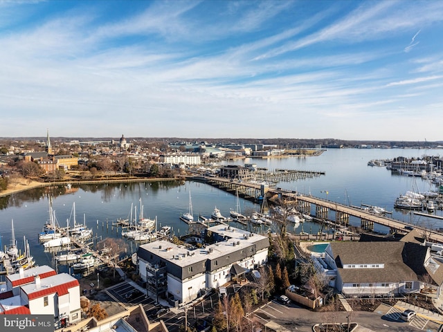 aerial view featuring a water view