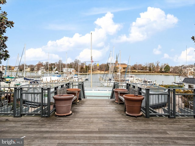 view of dock featuring a fenced in pool and a water view