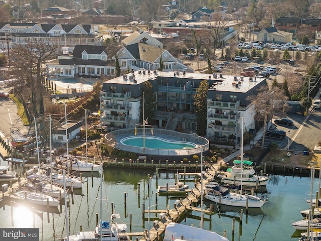 bird's eye view with a water view