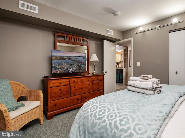 carpeted bedroom with a barn door, a closet, and visible vents