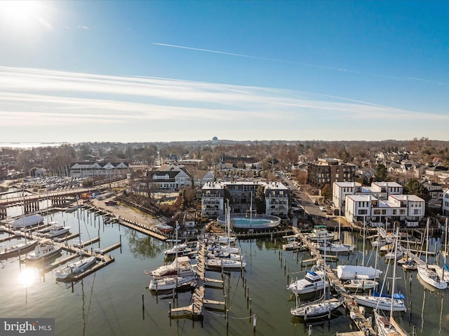 drone / aerial view featuring a water view