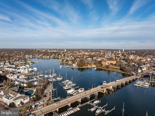 aerial view featuring a water view