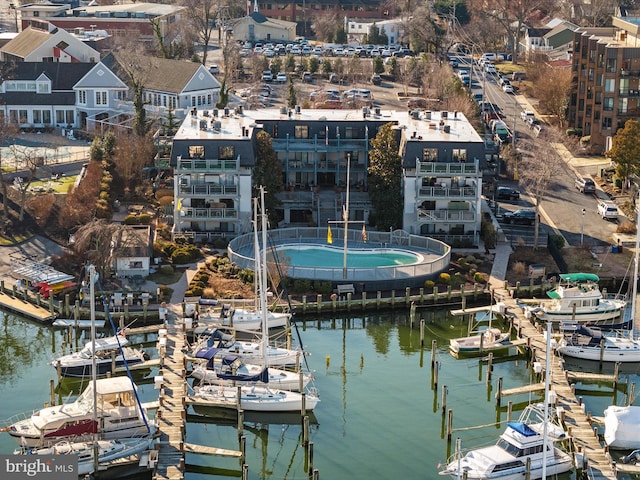 drone / aerial view featuring a water view