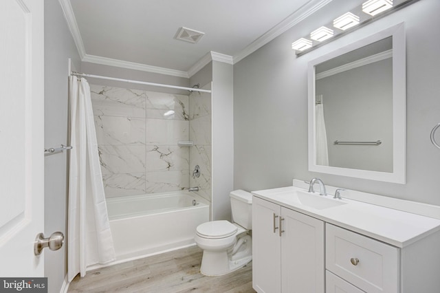 bathroom featuring visible vents, shower / bathtub combination with curtain, toilet, ornamental molding, and wood finished floors