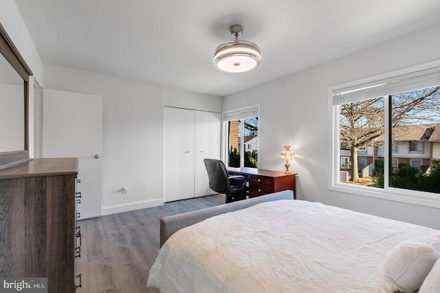 bedroom featuring a closet, multiple windows, baseboards, and wood finished floors