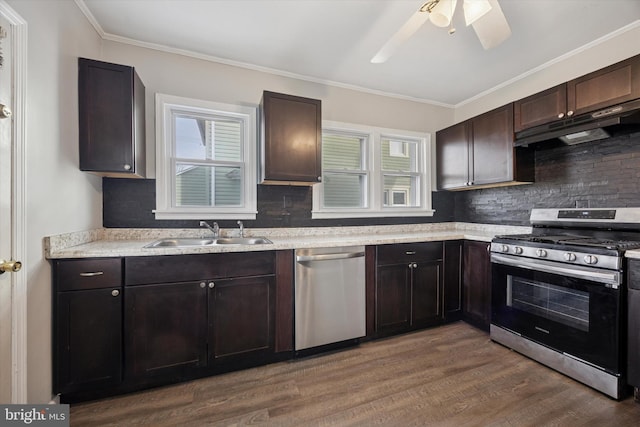 kitchen with appliances with stainless steel finishes, a sink, wood finished floors, plenty of natural light, and under cabinet range hood