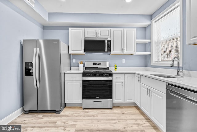 kitchen featuring stainless steel appliances, white cabinets, a sink, and light wood-style flooring