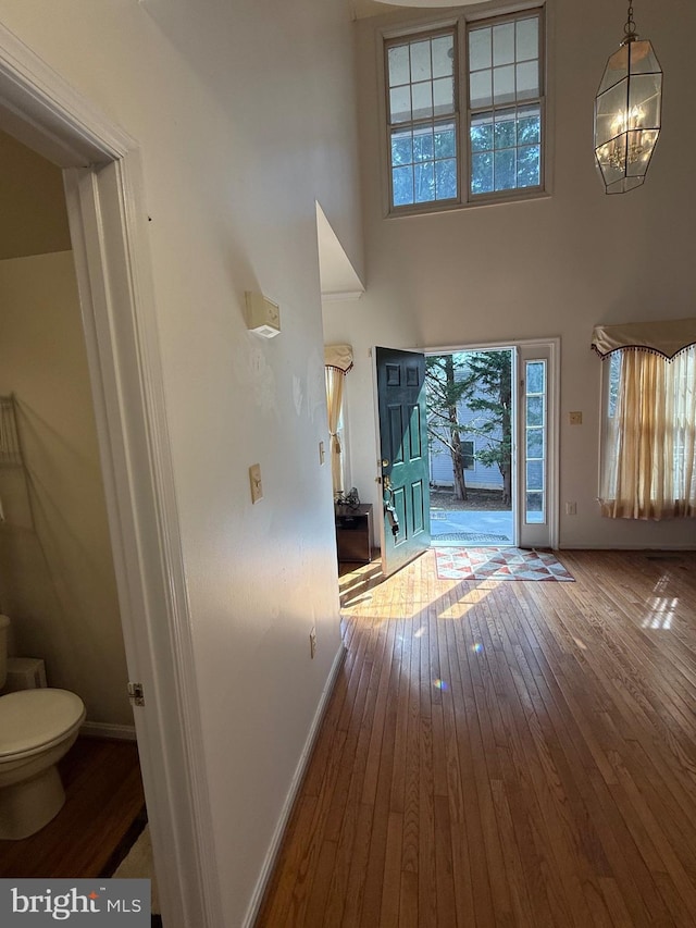 entrance foyer with baseboards, a high ceiling, a chandelier, and hardwood / wood-style flooring