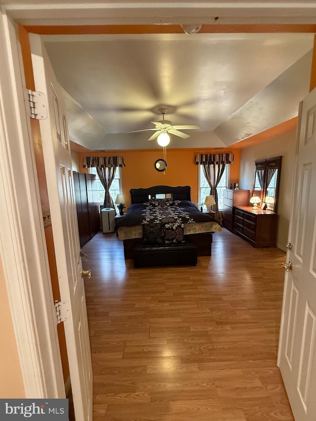 bedroom featuring light wood finished floors and vaulted ceiling