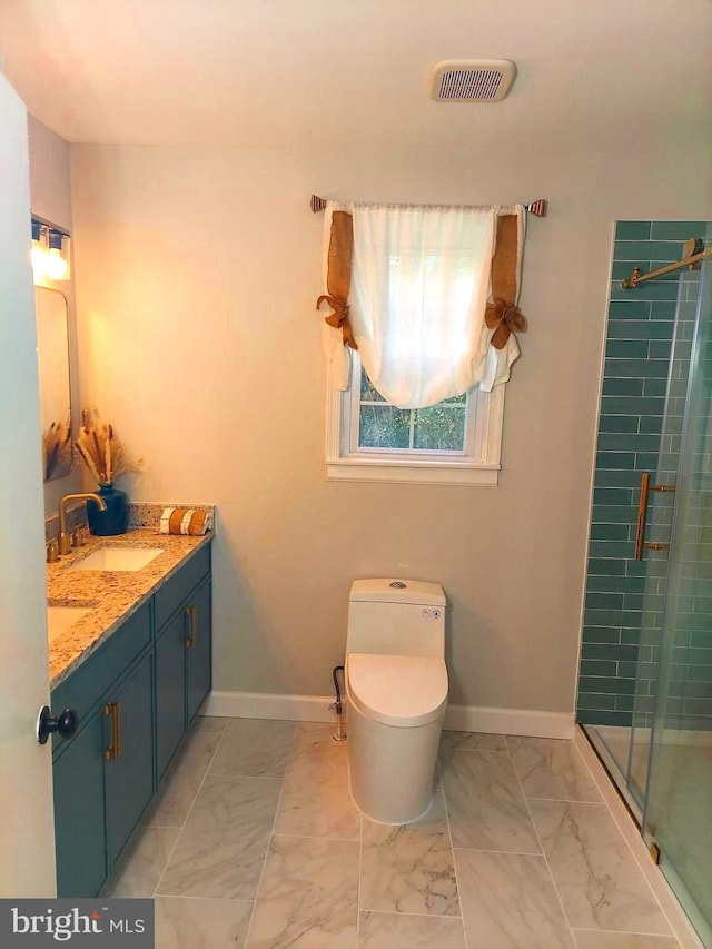 full bath featuring double vanity, visible vents, marble finish floor, a shower stall, and a sink