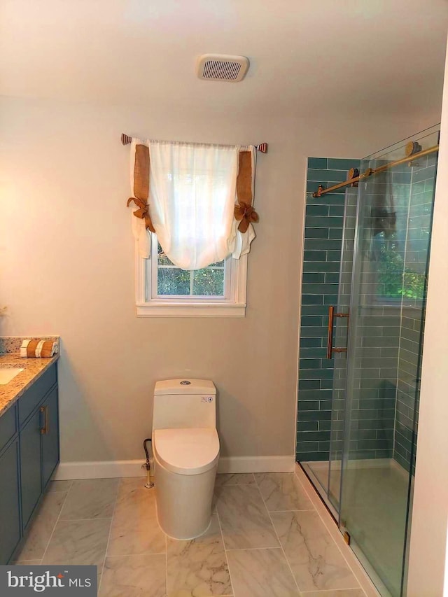 bathroom featuring a stall shower, visible vents, toilet, marble finish floor, and vanity