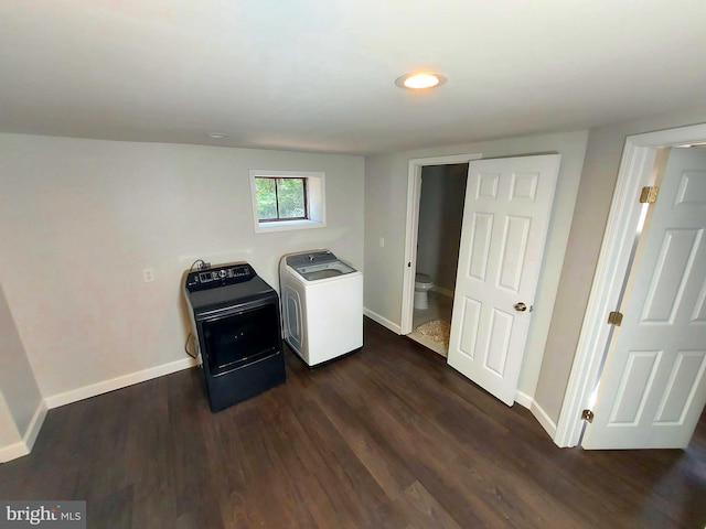 laundry room with laundry area, washer / clothes dryer, and dark wood finished floors