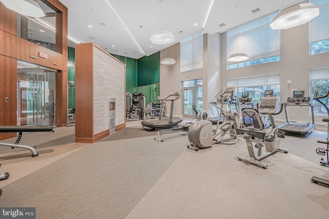 workout area featuring visible vents, plenty of natural light, and a towering ceiling