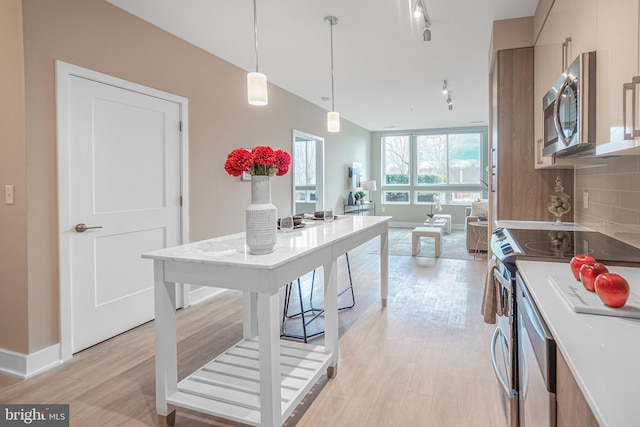 kitchen with hanging light fixtures, light wood finished floors, tasteful backsplash, and appliances with stainless steel finishes