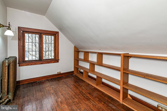 additional living space featuring radiator, hardwood / wood-style flooring, baseboards, and lofted ceiling