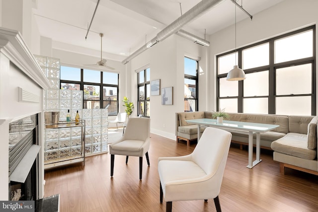 living area with wood finished floors, a towering ceiling, and baseboards