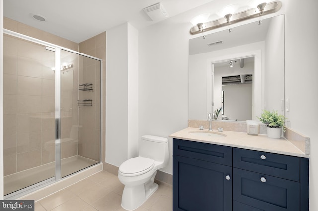 full bathroom with a stall shower, visible vents, toilet, and tile patterned floors