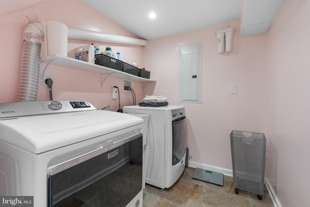 laundry room with laundry area, electric panel, washer and clothes dryer, and baseboards