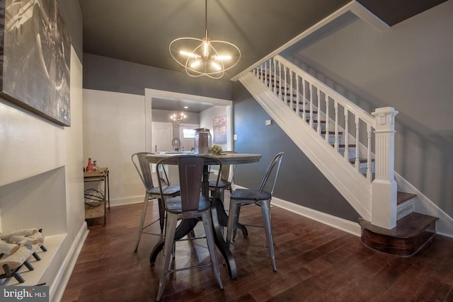 dining space with baseboards, stairs, a chandelier, and dark wood finished floors