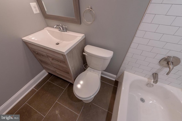 full bath with vanity, tile patterned flooring, toilet, and baseboards