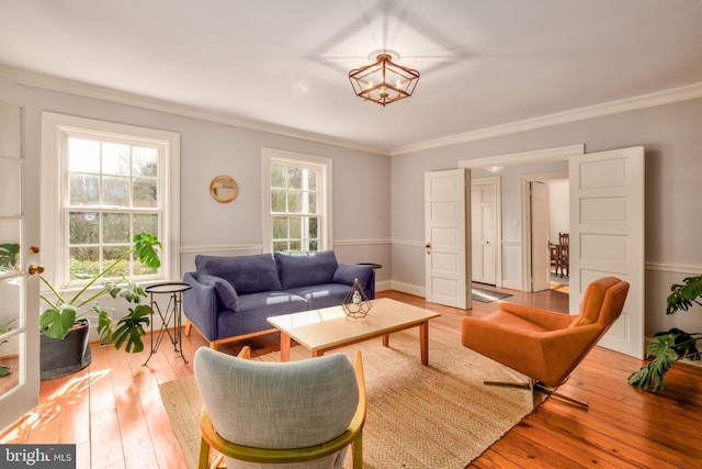 living area featuring ornamental molding and light wood finished floors