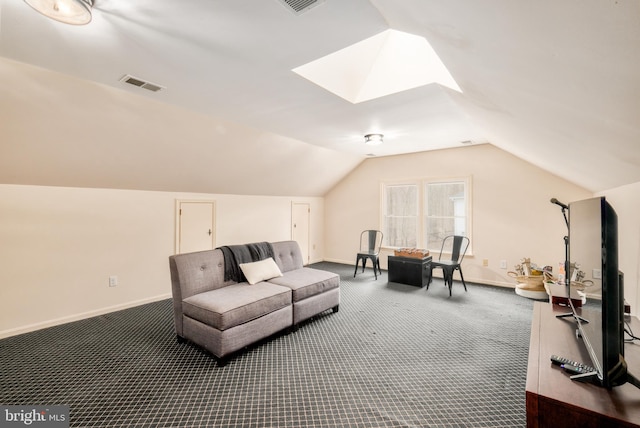 bonus room featuring carpet floors, baseboards, visible vents, and lofted ceiling with skylight