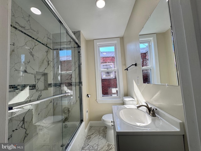 full bathroom with toilet, shower / bath combination with glass door, vanity, baseboards, and marble finish floor