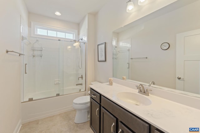 bathroom with toilet, enclosed tub / shower combo, tile patterned floors, vanity, and recessed lighting