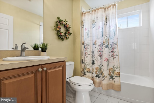 bathroom with tile patterned flooring, shower / bathtub combination with curtain, vanity, and toilet