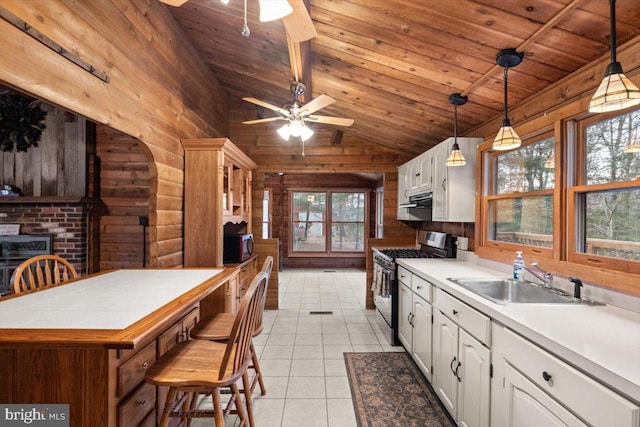 kitchen featuring stainless steel appliances, wooden ceiling, a sink, and white cabinets