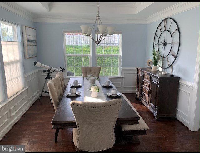 dining room featuring a tray ceiling, an inviting chandelier, dark wood finished floors, and a decorative wall